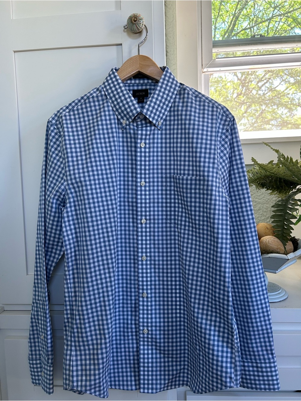 J. Crew Men's Blue and White Gingham Button-Down Shirt